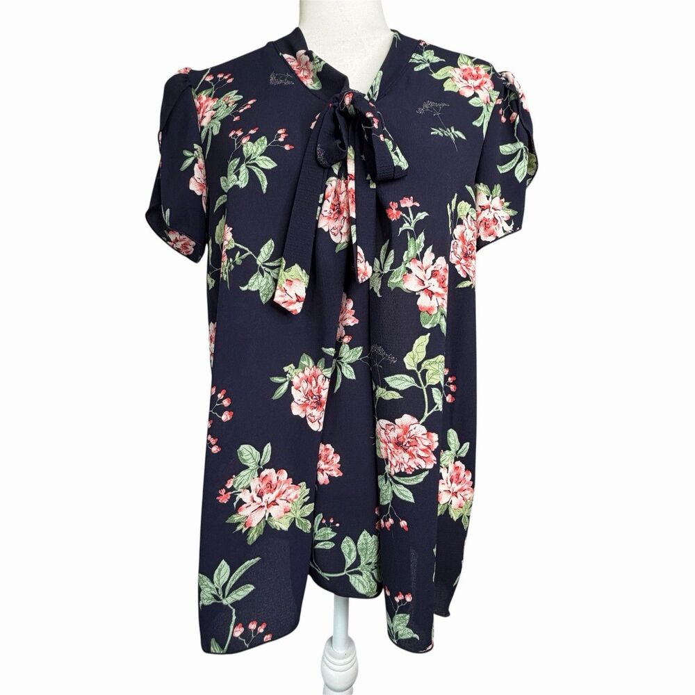 Orange Creek Women's L Blue Floral Tie Neck Blouse Career Office Spring